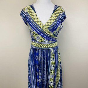 Maeve Anthropologie MP M Petite Tamera Surplice Dress Blue Yellow